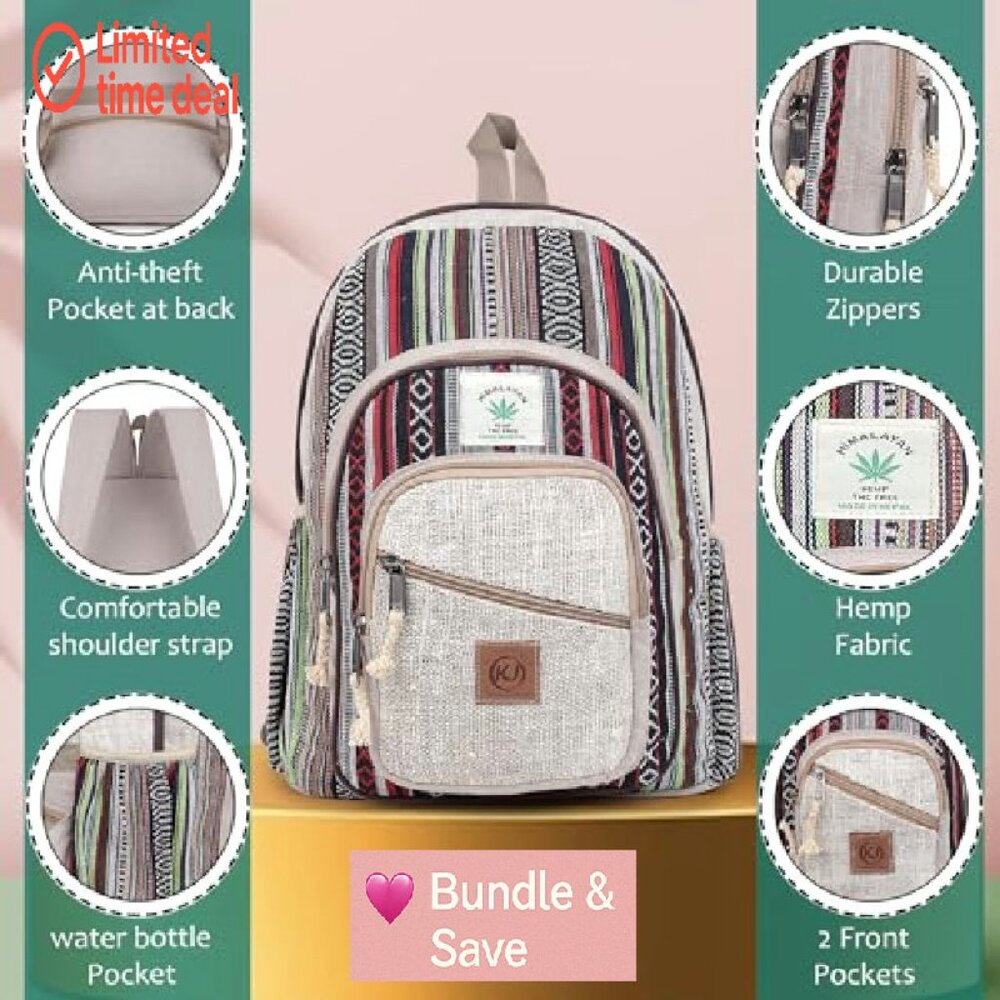 Large Hemp Backpack Multi Pocket Daypack Adjustab… - image 5